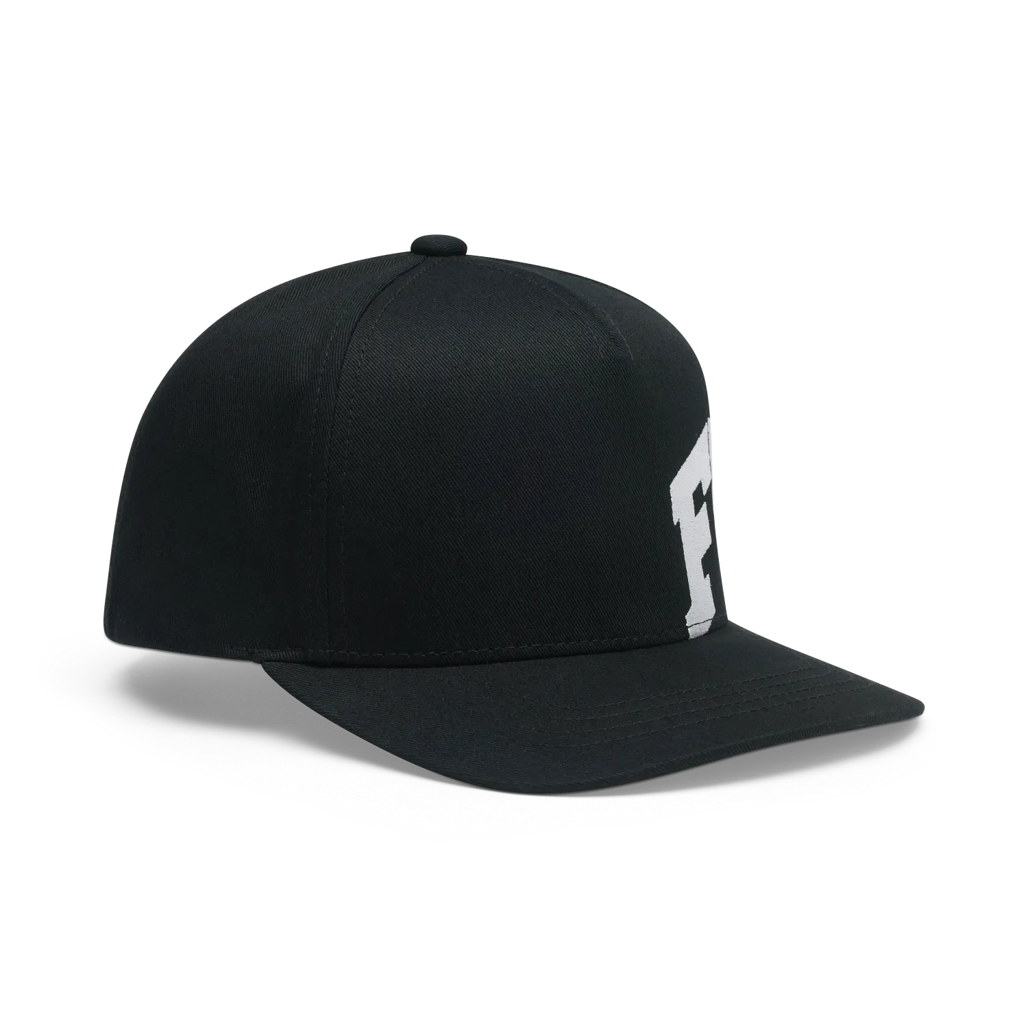 Casquette Snapback - Fox noire avec logo blanc sur le devant, style classique à visière plate, vue de trois-quarts droit.