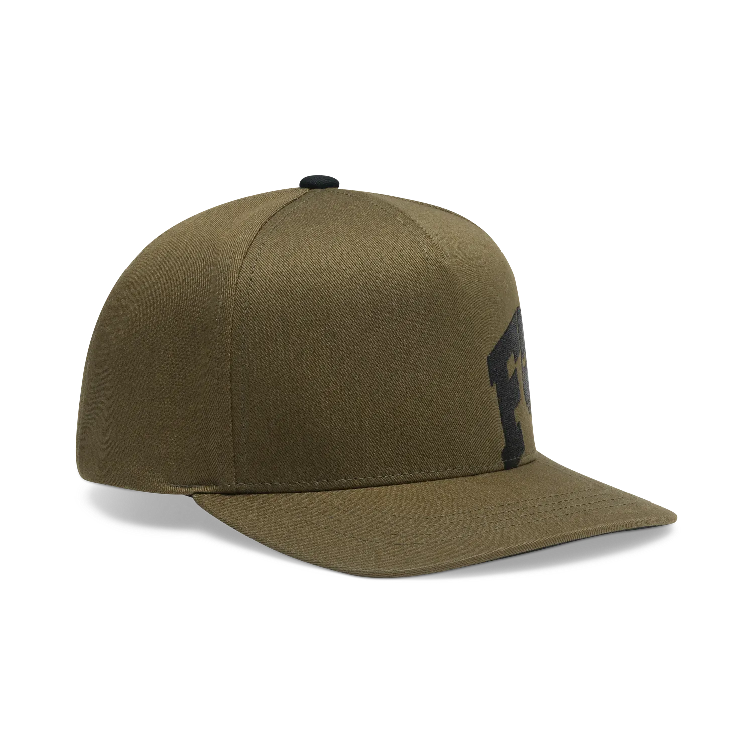 Casquette Snapback - Fox en tissu kaki avec visière plate et broderie noire sur le devant, vue de trois quarts avant.