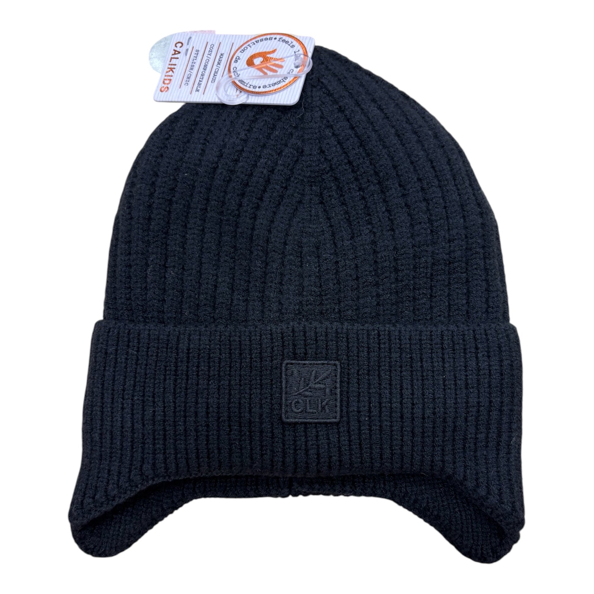 Tuque d'hiver - Calikids noire en maille côtelée avec rabats d'oreilles vue de face