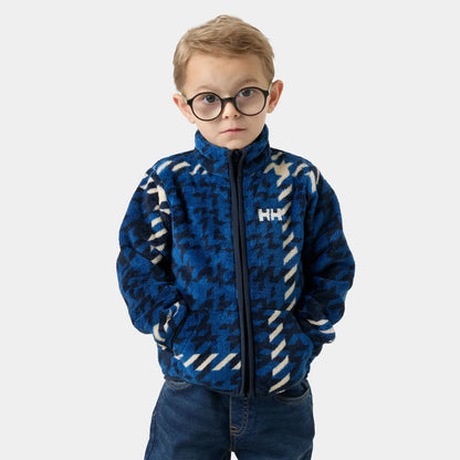 Veste polaire Chill - Helly Hansen bleue à motif pied-de-poule blanc et noir, pour enfant garçon, vue de face portée sur mannequin.