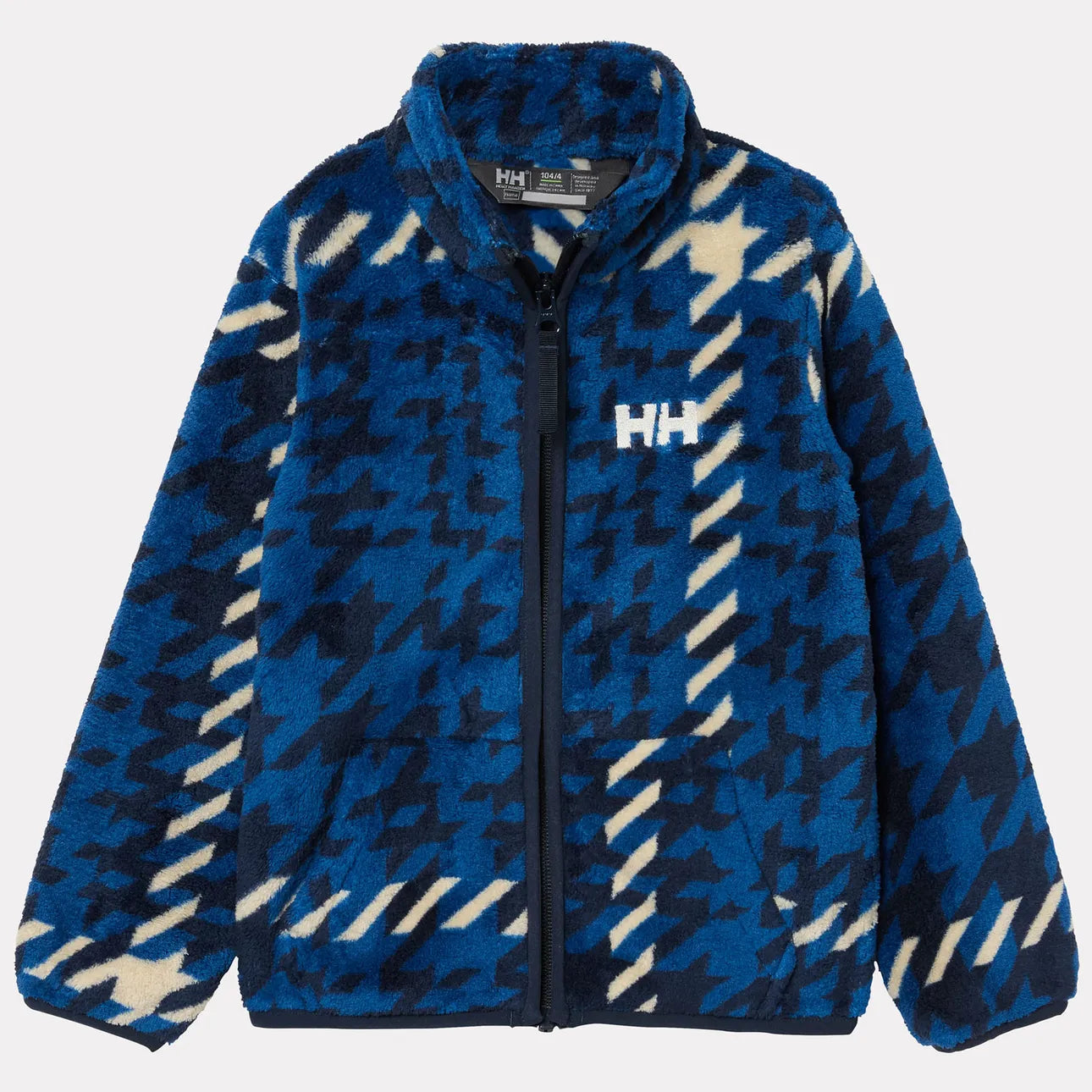 Veste polaire Chill - Helly Hansen bleu et noire à motifs pied-de-poule avec fermeture zippée, vue de face, tissu polaire doux.