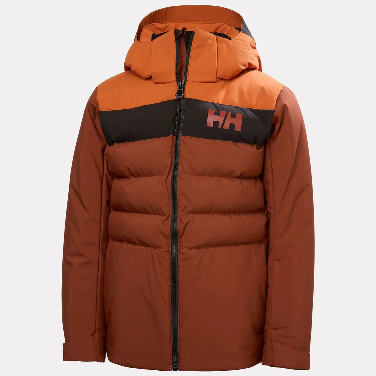 Manteau d'hiver Cyclone - Helly Hansen orange et brun avec capuche et empiècement noir, vue de face