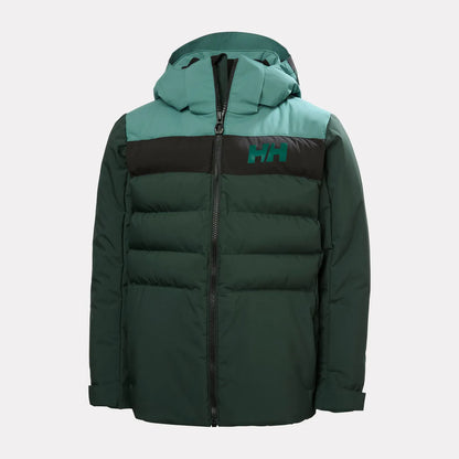 Veste matelassée à capuche vert foncé avec empiècement turquoise et noir, fermeture zippée, vue de face