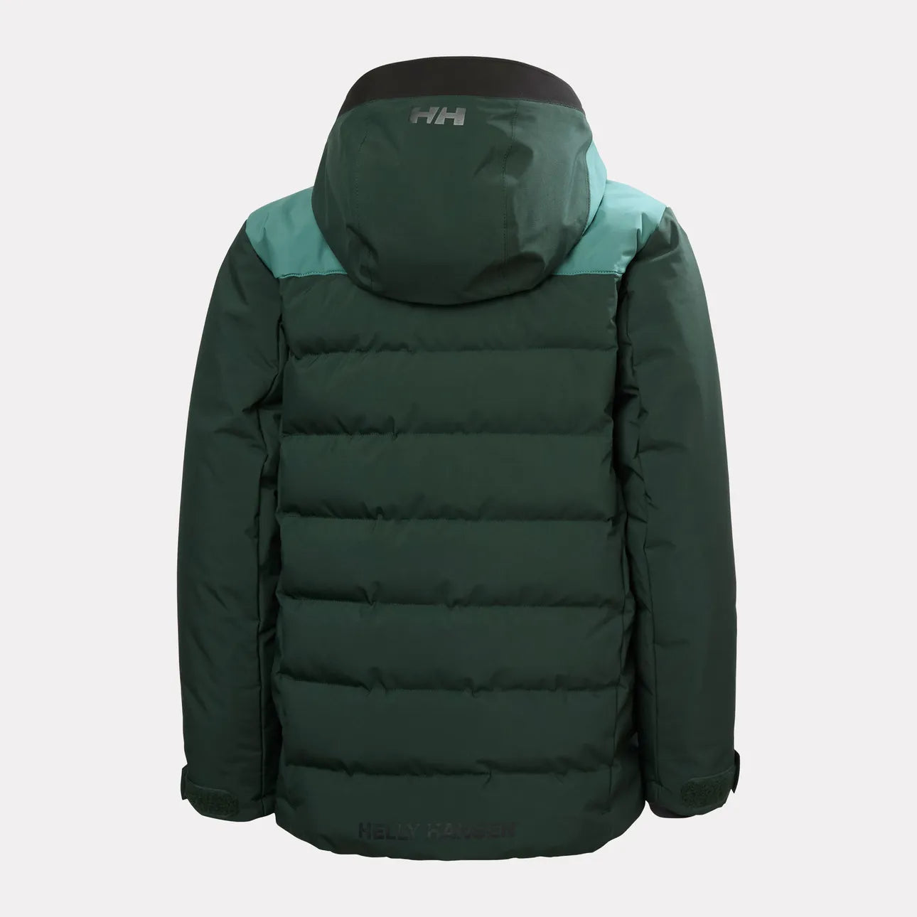 Veste matelassée vert foncé à capuche avec empiècements turquoise et logo discret dans le dos vue arrière