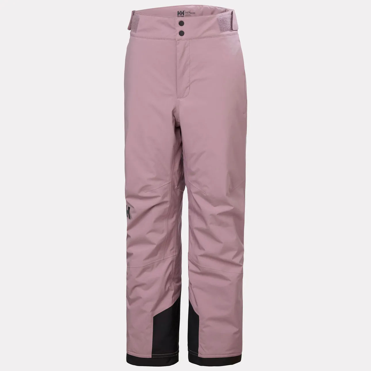 Pantalon de ski rose mauve avec renforts noirs aux chevilles, coupe droite, taille ajustable, vue de face.