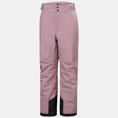 Pantalon de ski rose mauve avec renforts noirs aux chevilles, coupe droite, taille ajustable, vue de face.