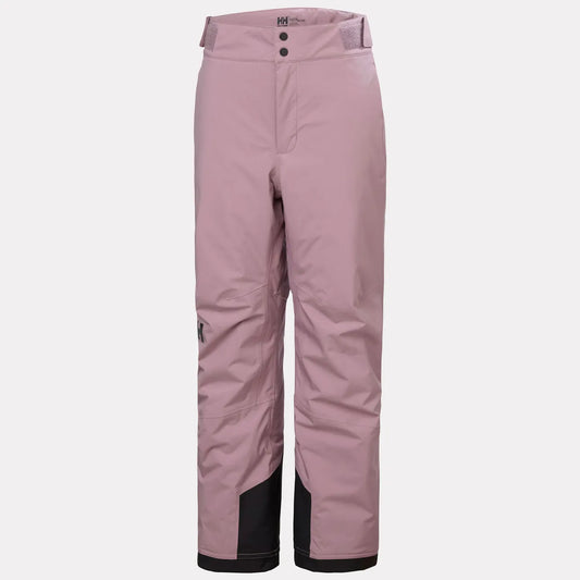 Pantalon de ski rose mauve avec renforts noirs aux chevilles, coupe droite, taille ajustable, vue de face.