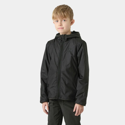 Manteau Mi-Saison - Helly Hansen noir avec capuche, coupe droite, tissu imperméable léger, pour garçon, porté sur mannequin, vue de face.