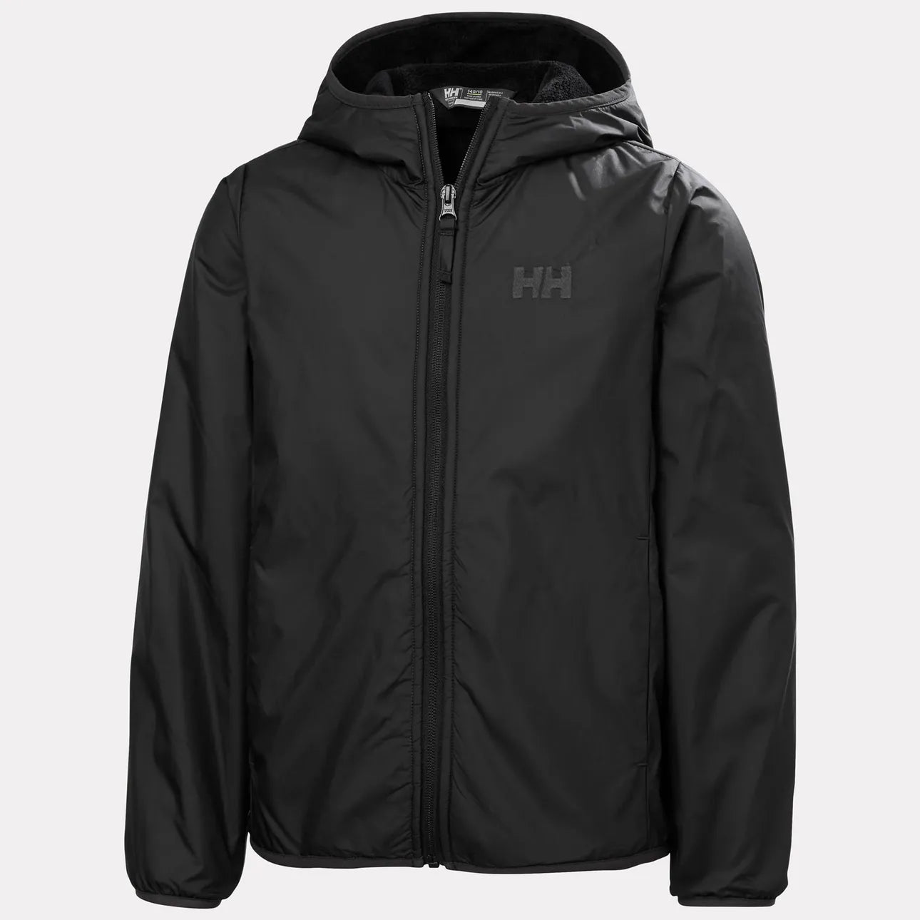 Manteau Mi-Saison - Helly Hansen noir unisexe avec capuche intégrée, fermeture zippée centrale, vue de face sur fond clair.