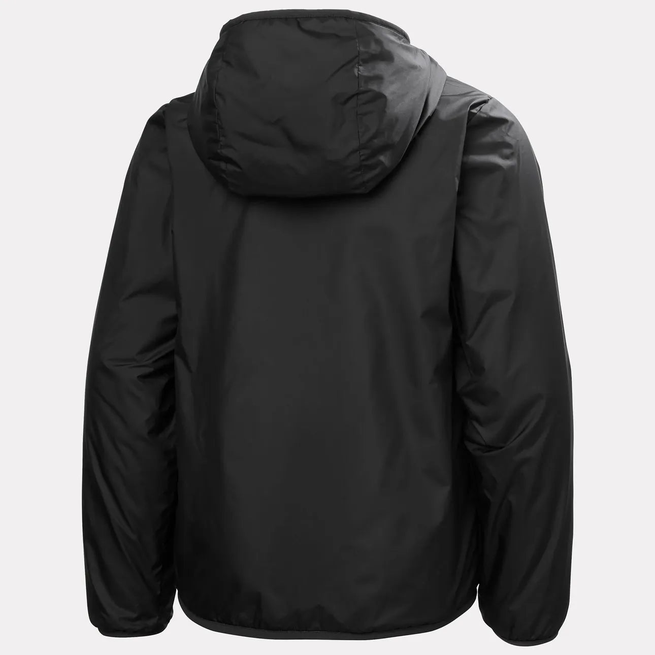 Manteau Mi-Saison - Helly Hansen noir avec capuche, coupe droite, tissu imperméable, vue de dos sur fond clair.