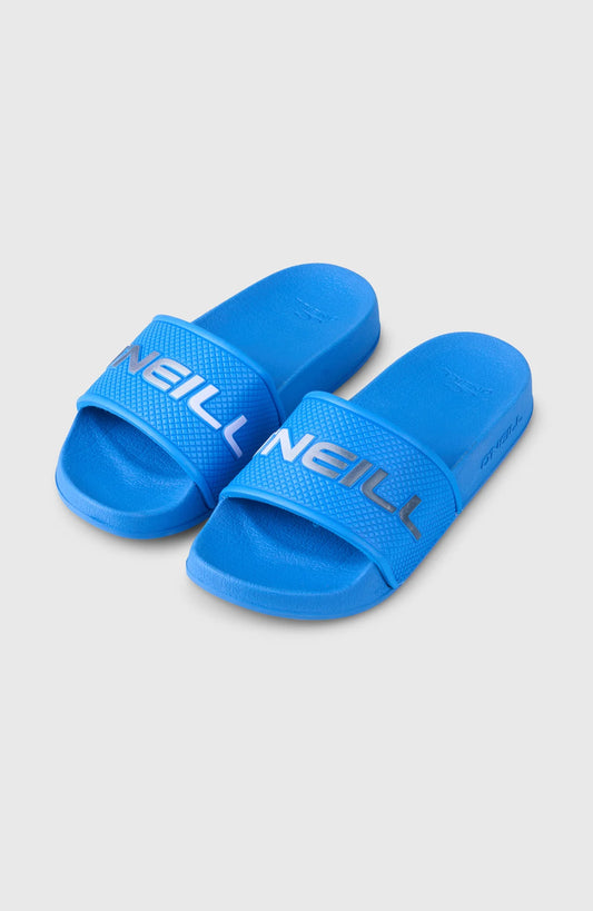Sandales LOGO SLIDES - O'neill bleues en portrait, confortables avec large lanière au logo visible, photo galerie 1.