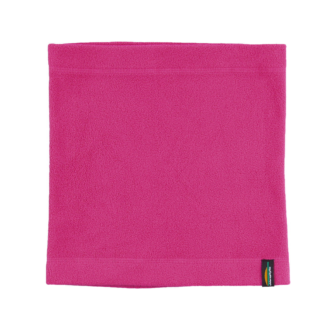 Cache-Cou d'hiver - Chlorophylle en tissu polaire rose fuchsia uni, style simple, conçu pour enfant, vue de face sur fond blanc.