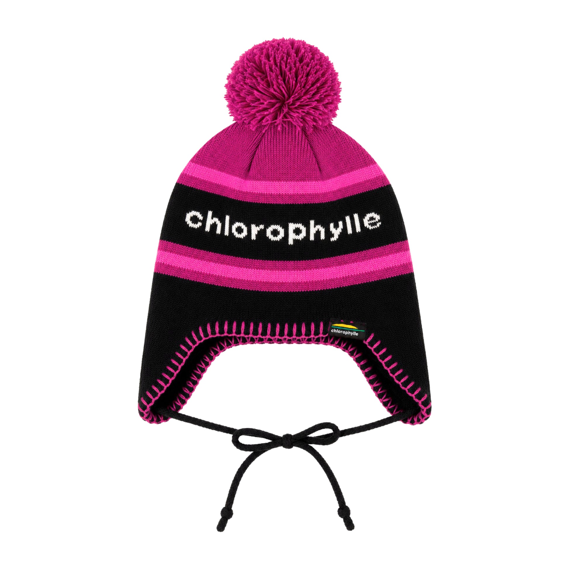 Tuque d'hiver Cricket - Chlorophylle noire et rose avec pompon, bordure rose fluo, attaches sous le menton, vue de face pour enfant.