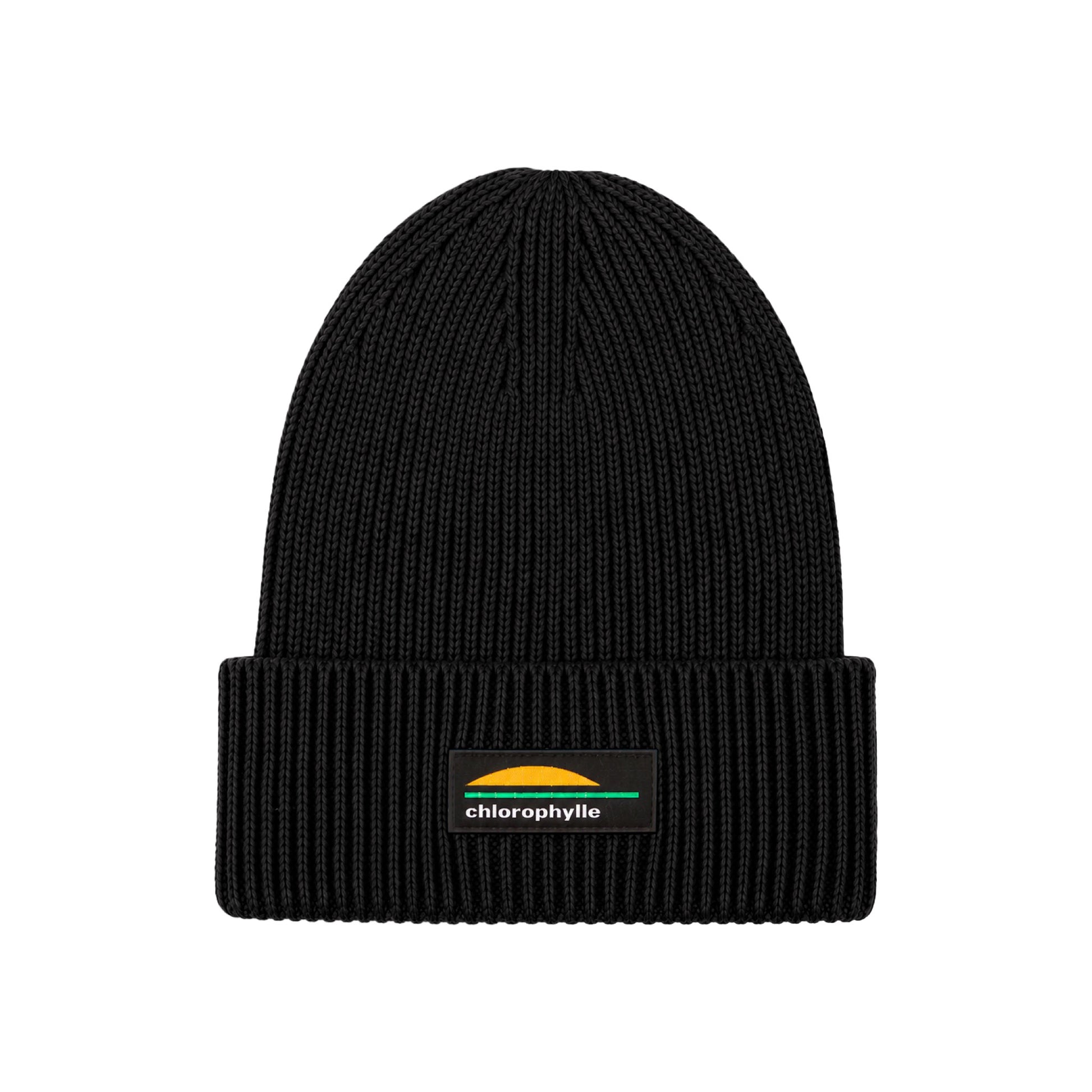 Tuque Mi-Saison - Chlorophylle noire en tricot côtelé avec écusson logo multicolore, vue de face.