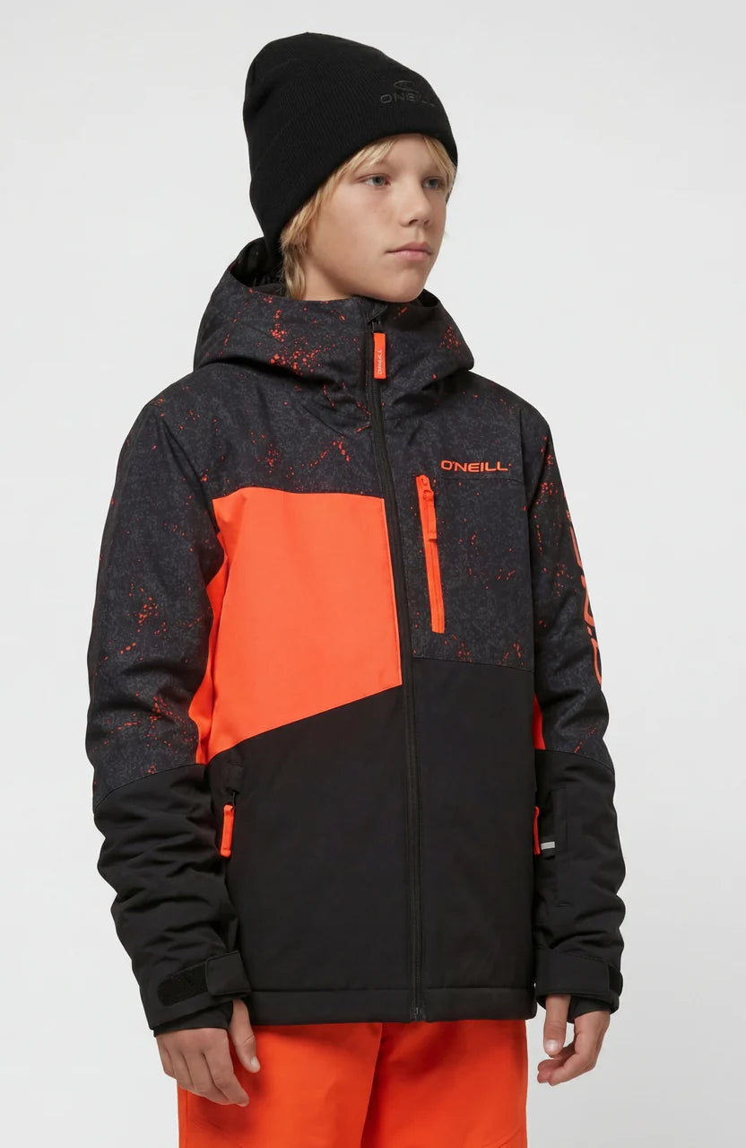 Manteau d'hiver Fwc'cruz triple snow - O'neill noir et orange pour garçon avec capuche vue de face