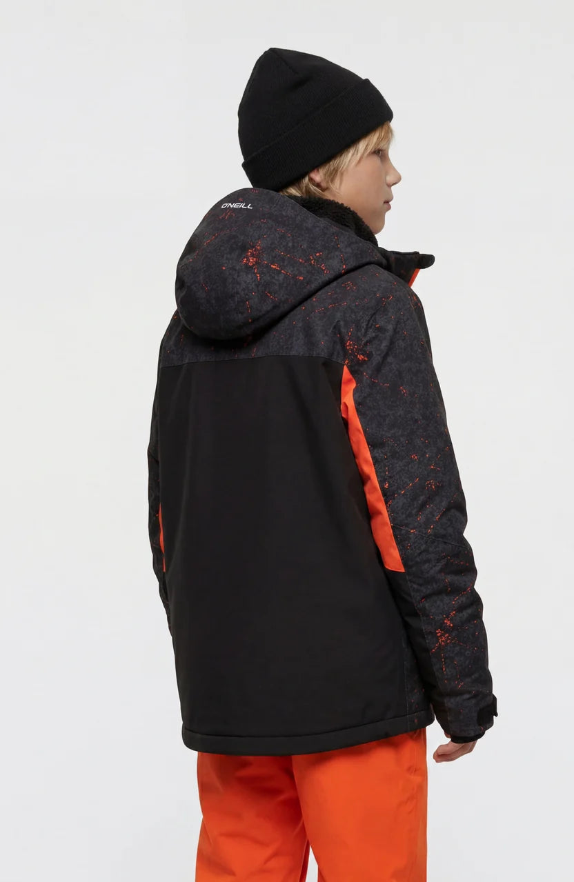 Manteau d'hiver Fwc'cruz triple snow - O'neill noir et orange à capuche pour garçon porté vue de dos