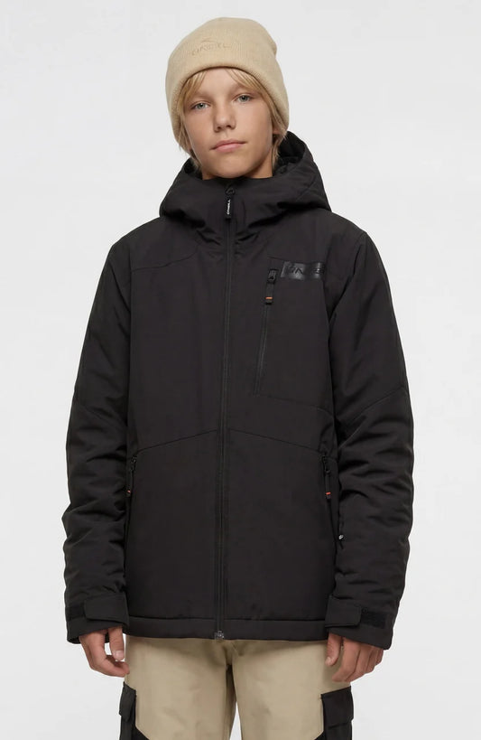 Manteau d'hiver Fwc'cruz - O'Neill noir pour garçon porté par un jeune modèle vue de face avec bonnet beige