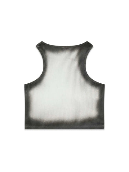 Camisole - Guess à col rond sans manches en tissu côtelé dégradé gris et blanc, vue de dos.