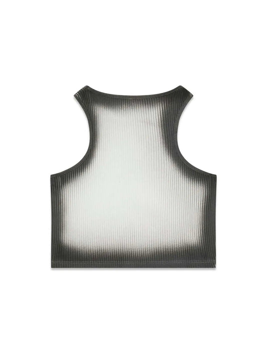 Camisole - Guess à col rond sans manches en tissu côtelé dégradé gris et blanc, vue de dos.