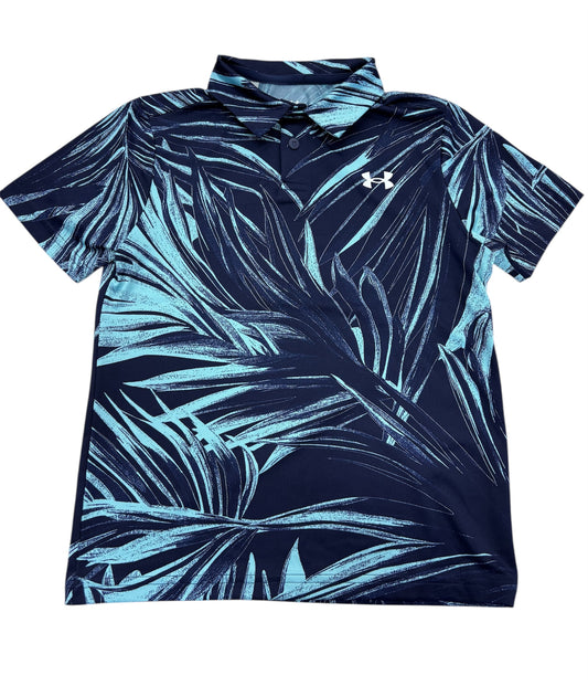 Polo - Under Armour bleu marine avec motifs feuilles turquoise, col classique, tissu polyester et élasthanne, vue de face.