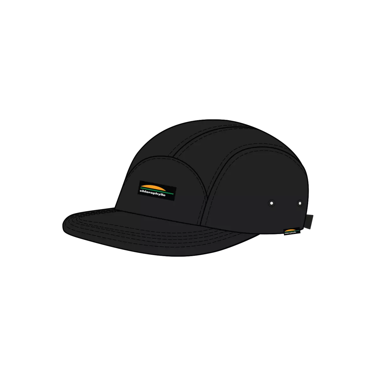 Casquette - Chlorophylle noire avec panneau avant et œillets brodés, vue de côté sur fond noir, nylon Ripstop recyclé extensible.