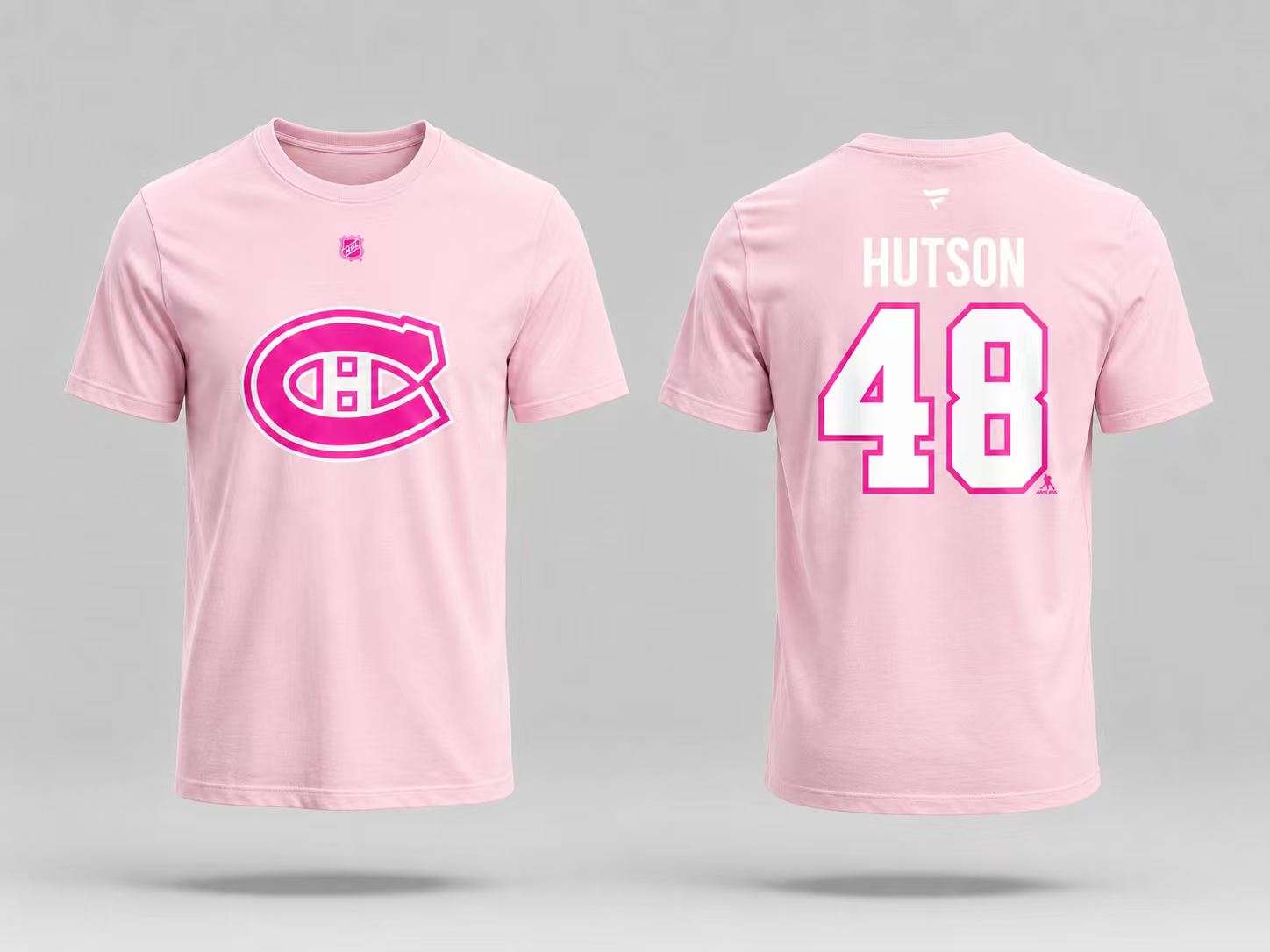 T-Shirt Canadiens Coton Rose - Hutson *3 pour 60$*, t-shirt rose clair en coton avec logo du Canadien de Montréal rose foncé sur le devant et nom "Hutson" avec numéro 48 blanc sur fond rose, vue avant et arrière.