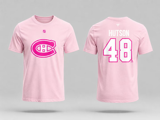 T-Shirt Canadiens Coton Rose - Hutson *3 pour 60$*, t-shirt rose clair en coton avec logo du Canadien de Montréal rose foncé sur le devant et nom "Hutson" avec numéro 48 blanc sur fond rose, vue avant et arrière.