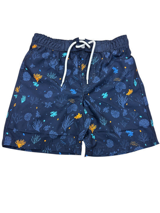 Maillot de bain - Northcoas short bleu marine à motifs marins orange et turquoise, taille enfant, vue de face