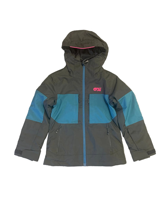 Manteau d'hiver Tissera - Picture Organic Clothing kaki et bleu avec capuche, fermeture zippée, coupe droite, pour enfant, vue de face.