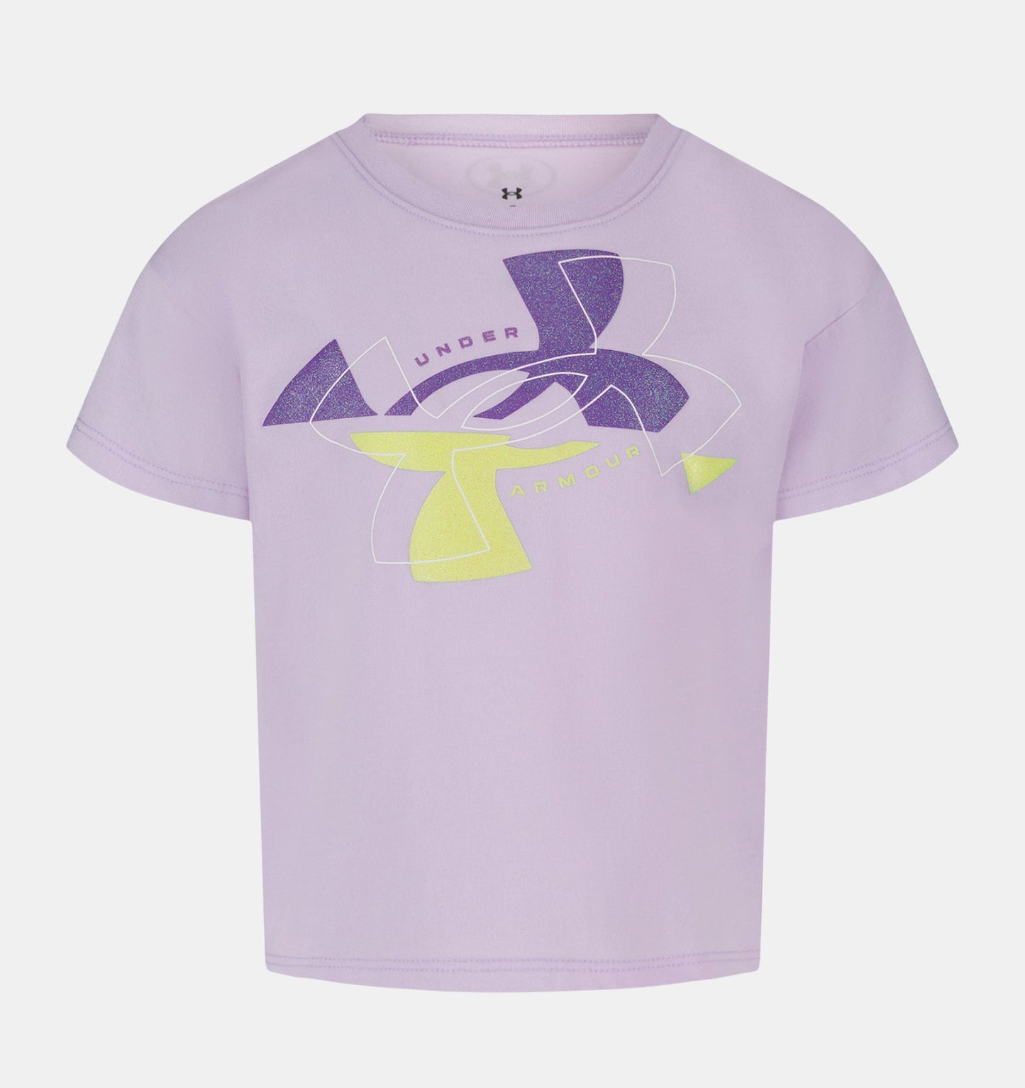 T-Shirt - Under Armour violet clair avec logo graphique jaune et violet, coton-polyester, enfant, vue de face en portrait.