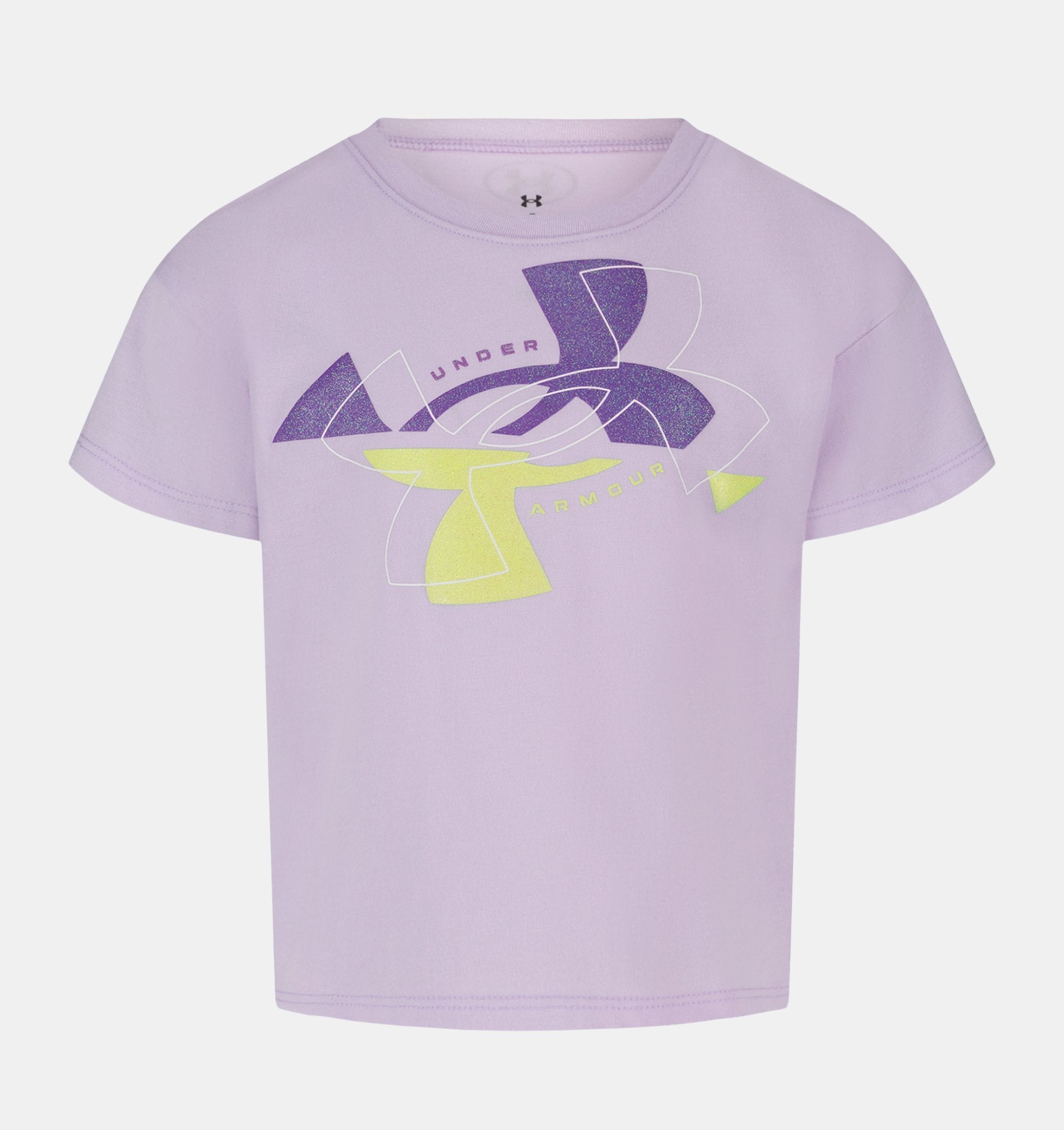 T-Shirt - Under Armour violet clair avec logo graphique jaune et violet, coton-polyester, enfant, vue de face en portrait.