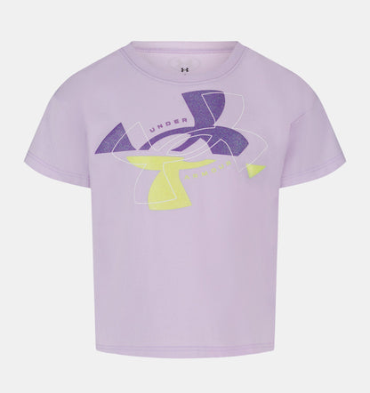 T-Shirt - Under Armour violet clair avec logo graphique jaune et violet, coton-polyester, enfant, vue de face en portrait.