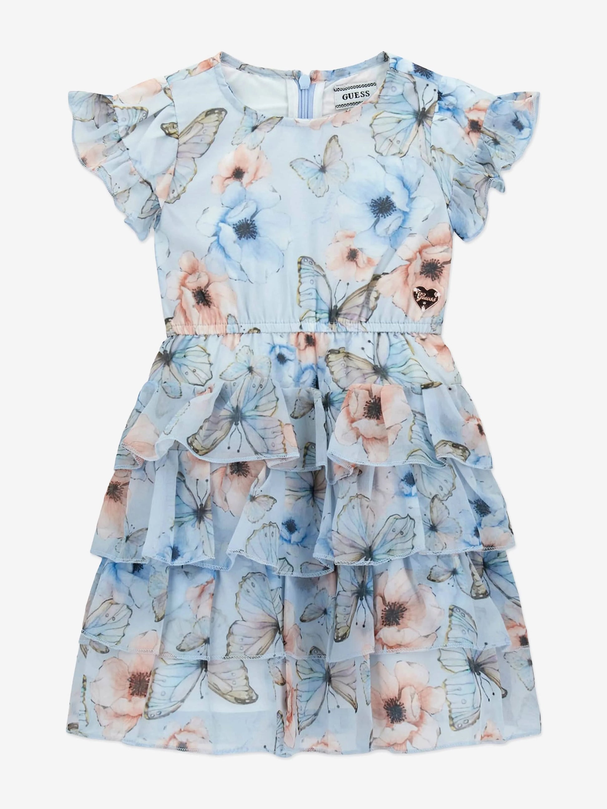 Robe - Guess pour enfant fille, en polyester, bleu clair avec motifs papillons et fleurs, vue de face, manches courtes à volants.