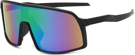 Lunettes de soleil - Kids noirs avec large verre miroir bleu et vert, style moderne, pour enfant, vue de trois quarts face