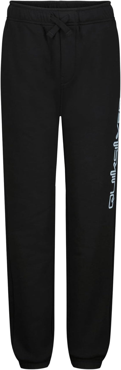 Pantalon - Quiksilver noir en molleton, coupe droite avec taille élastique et cordon, logo latéral blanc, vue de face.