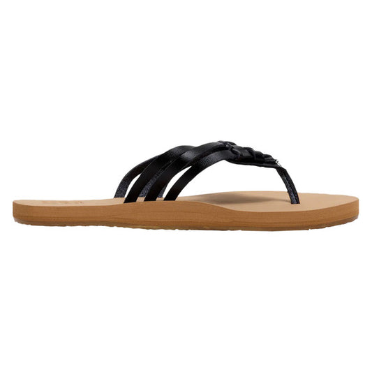 Sandales Mia - Billabong à bride tressée noire en PU, semelle marron, vue de profil, style tongs femme adulte.