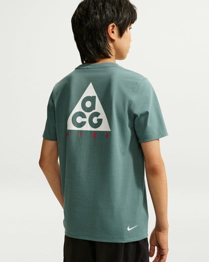 T-Shirt Hbr Acc - Nike vert à manches courtes avec logo graphique blanc et rouge au dos porté par un garçon vue de dos