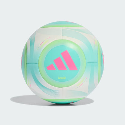 Ballon de soccer Messi Club - Adidas vert clair et rose fluo, motifs dynamiques, vue de face, surface synthétique lisse.