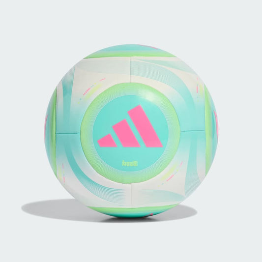 Ballon de soccer Messi Club - Adidas vert clair et rose fluo, motifs dynamiques, vue de face, surface synthétique lisse.