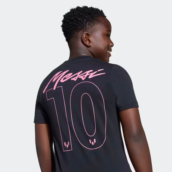 T-Shirt Messi - Adidas noir avec lettrage rose et numéro 10 au dos, coton, porté par garçon, vue arrière