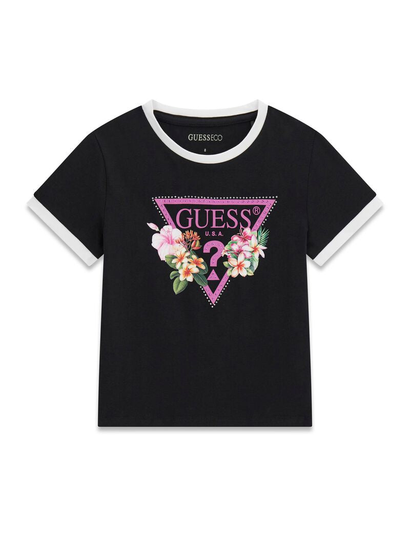 T-Shirt - Guess noir avec logo rose et fleurs blanches, col et manches bordées blanc, vue de face, enfant.