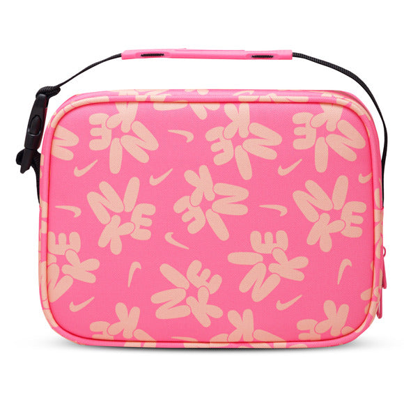 Trousse de toilette rose avec motifs beiges abstraits, poignée noire, vue de face.