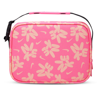 Trousse de toilette rose avec motifs beiges abstraits, poignée noire, vue de face.