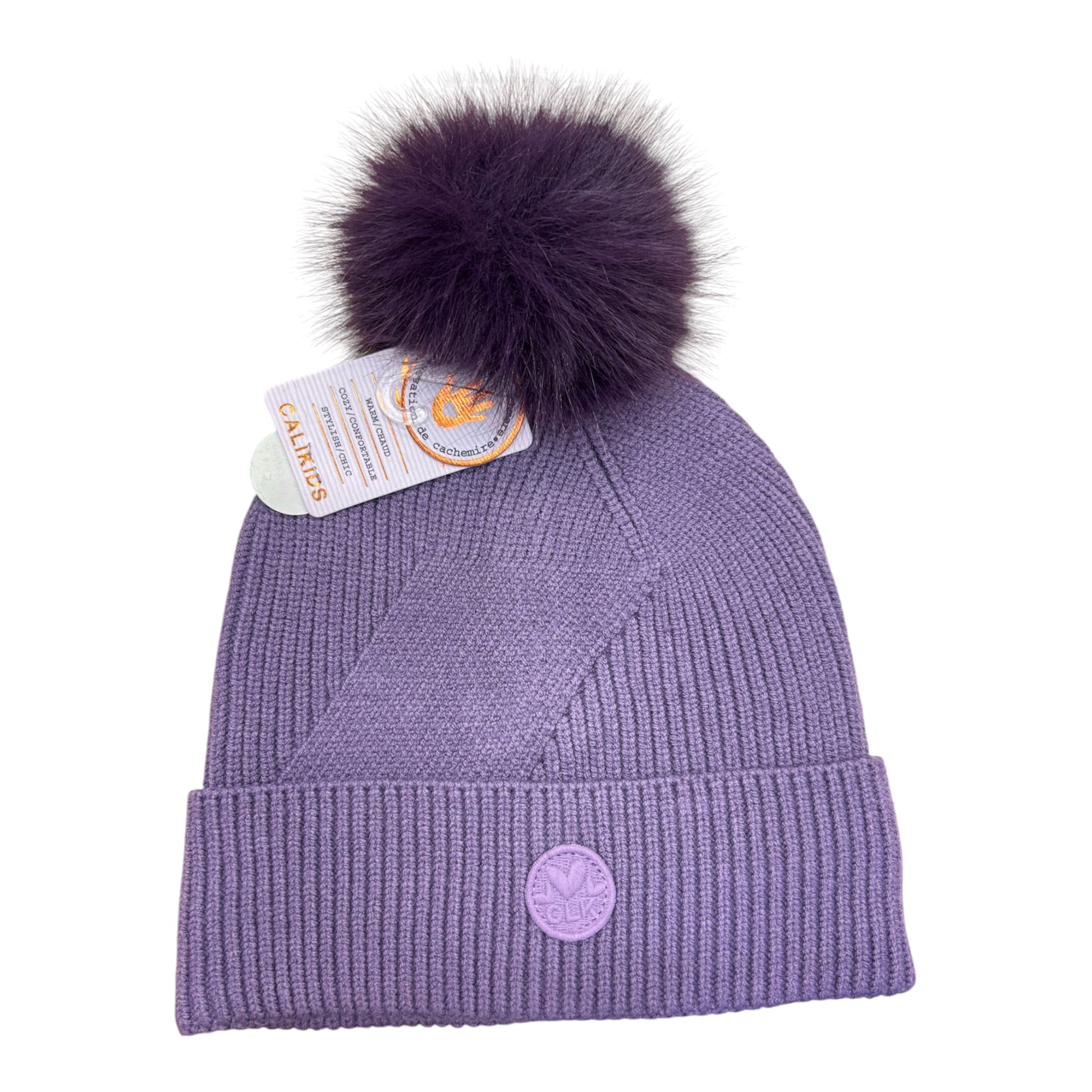 Tuque d'hiver - Calikids en tricot violet avec pompon prune et revers côtelé pour enfant vue de face