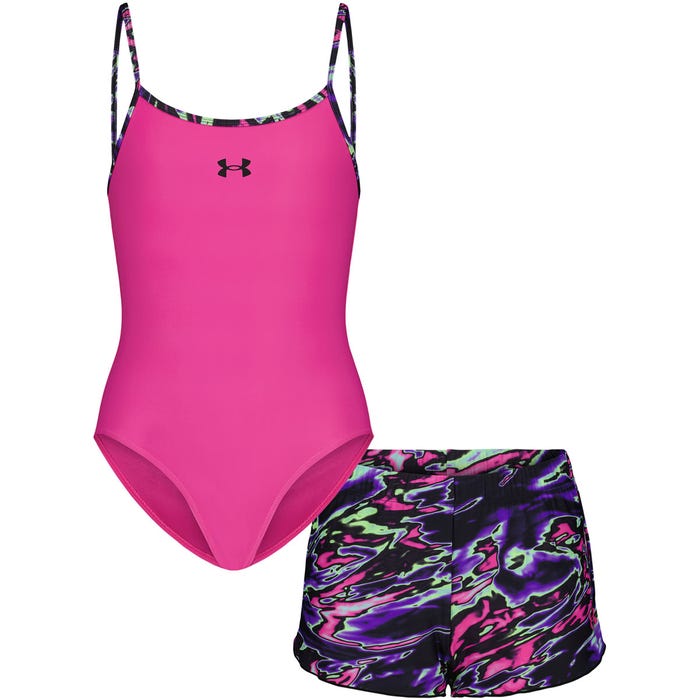 Maillot de bain Deux Pièces - Under Armour rose vif avec short imprimé multicolore pour femme élégant et sportif
