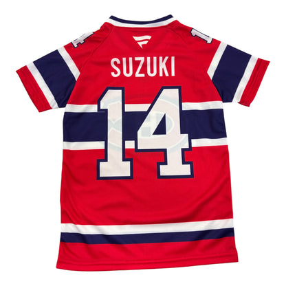 Jersey manches courtes rouge foncé - Suzuki - PROMO 2 pour 50$ vue de face avec bandes bleu marine et numéro 14