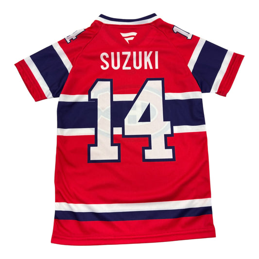 Jersey manches courtes rouge foncé - Suzuki - PROMO 2 pour 50$ vue de face avec bandes bleu marine et numéro 14