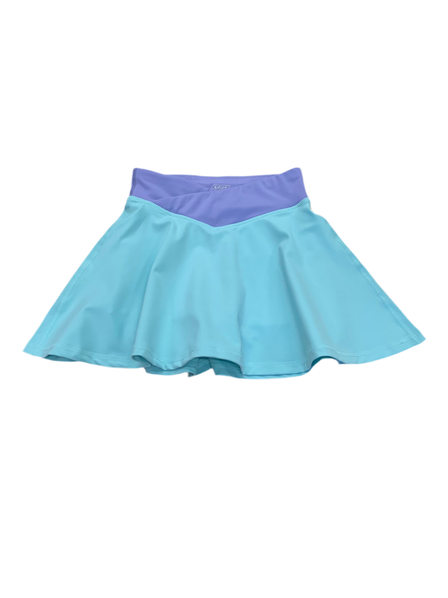 Jupe Short - M.I.D. bleu ciel et violet en polyester et elasthane, taille haute, vue de face, style jupe évasée.