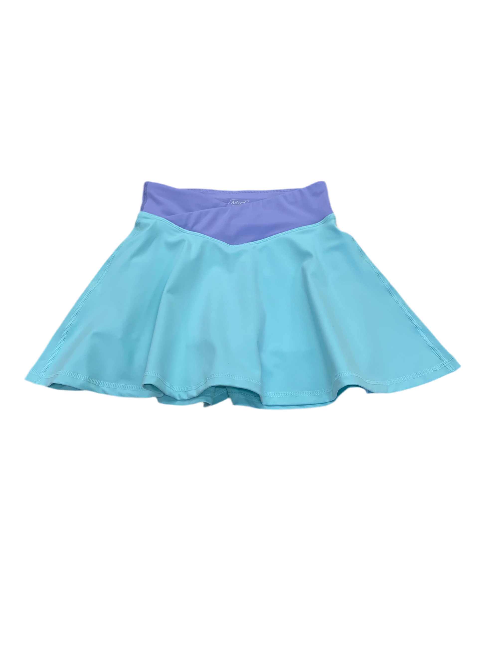 Jupe Short - M.I.D. bleu ciel et violet en polyester et elasthane, taille haute, vue de face, style jupe évasée.