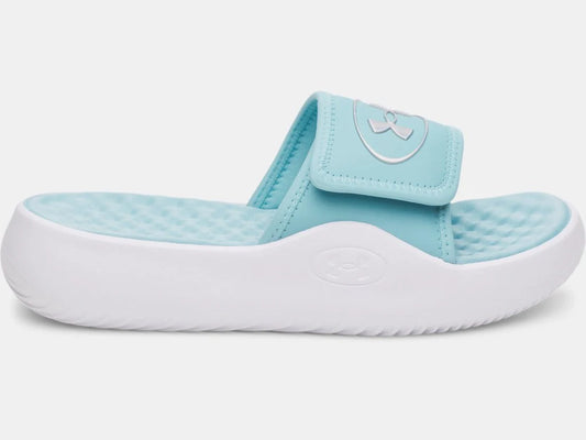 Sandales  UA Ignite Pro 8 -  Under Armour bleu clair avec sangle réglable mat et semelle blanche, vue de profil côté intérieur.